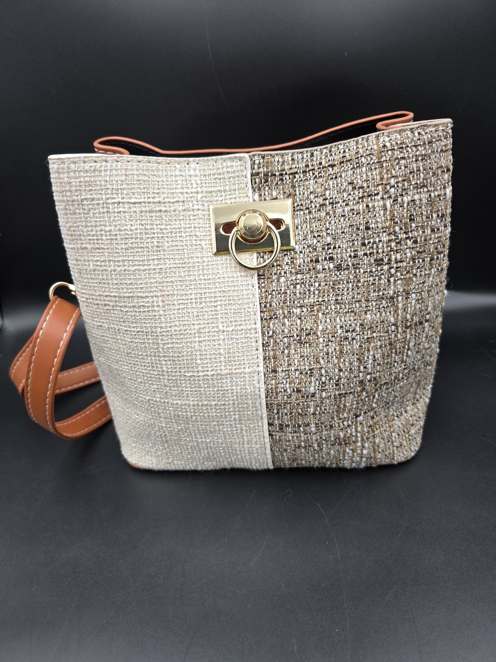 Two-Tone Beige and Brown Textured Shoulder Bag with Gold Accent